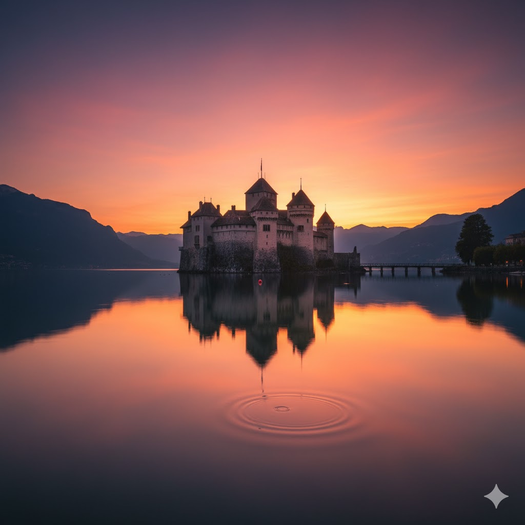 Château de Chillon mirrored in tranquil Lake Geneva during sunset hues.