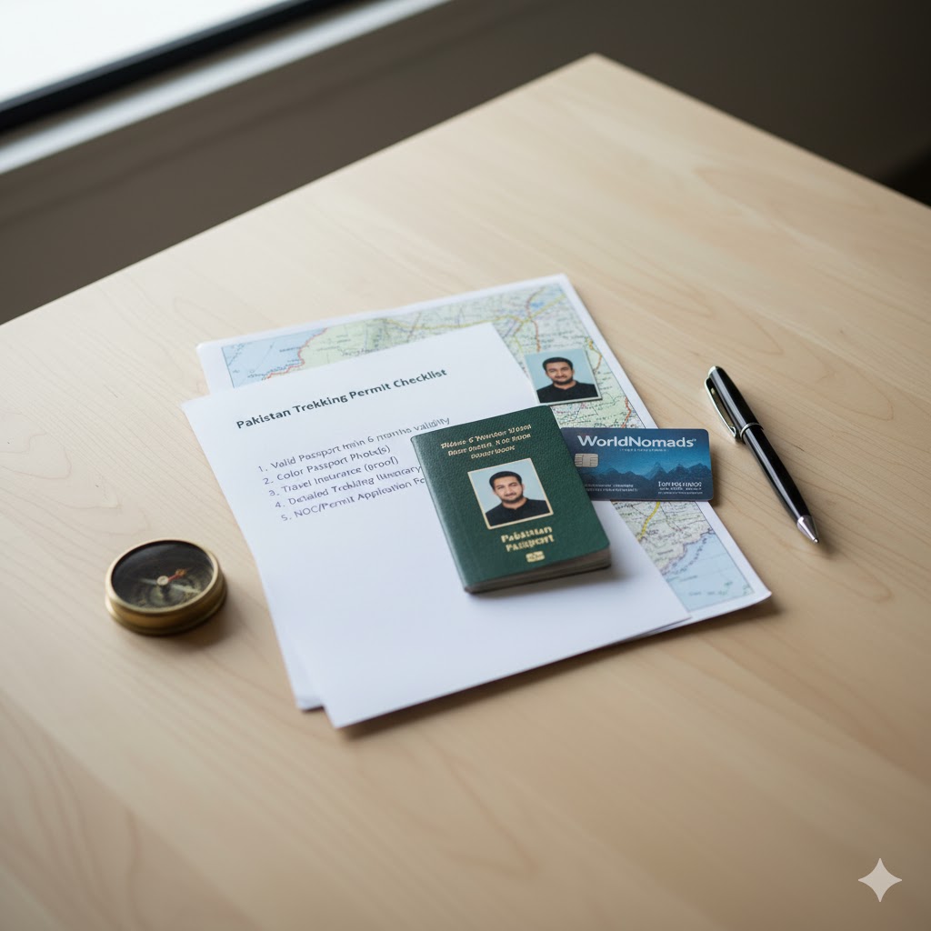 Checklist of trekking permit documents including passport, photos, insurance, and itinerary