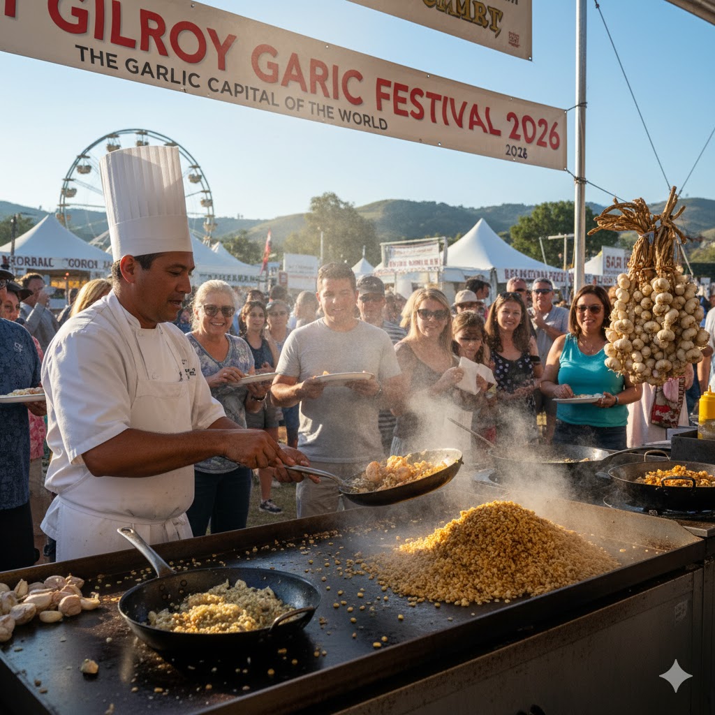 Chef cooking garlic-infused dishes during Gilroy Garlic Festival 2026