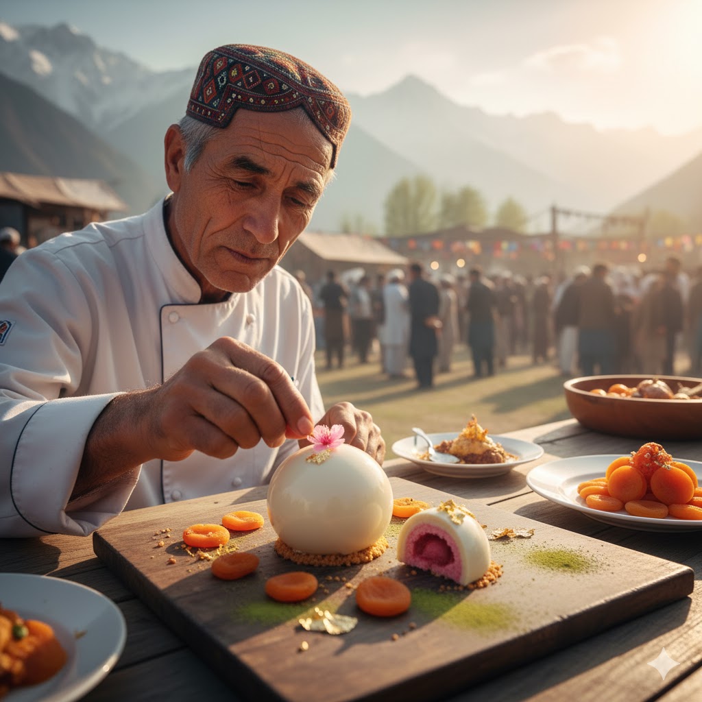 Chef decorating cherry blossom dessert during Hunza food festival.