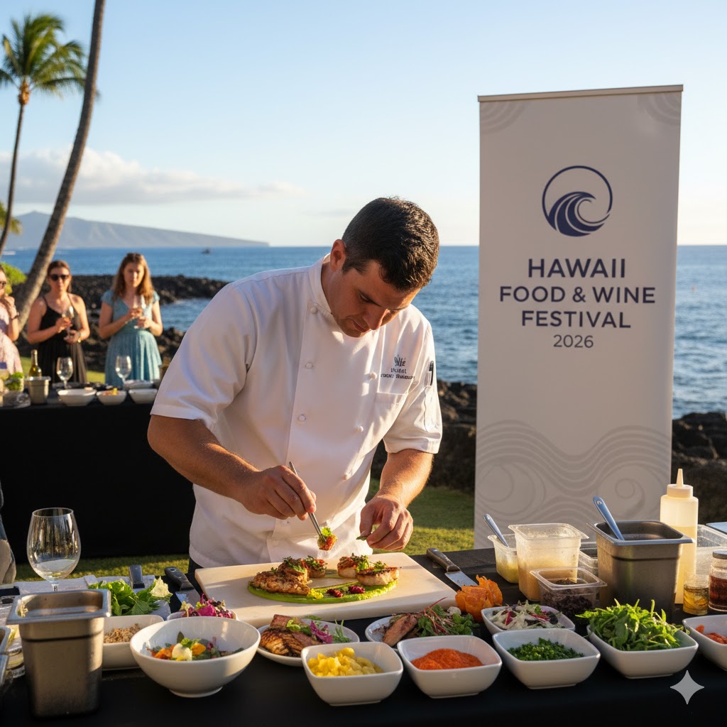 Chef plating seafood dish with ocean background at Hawaii Food & Wine Festival 2026