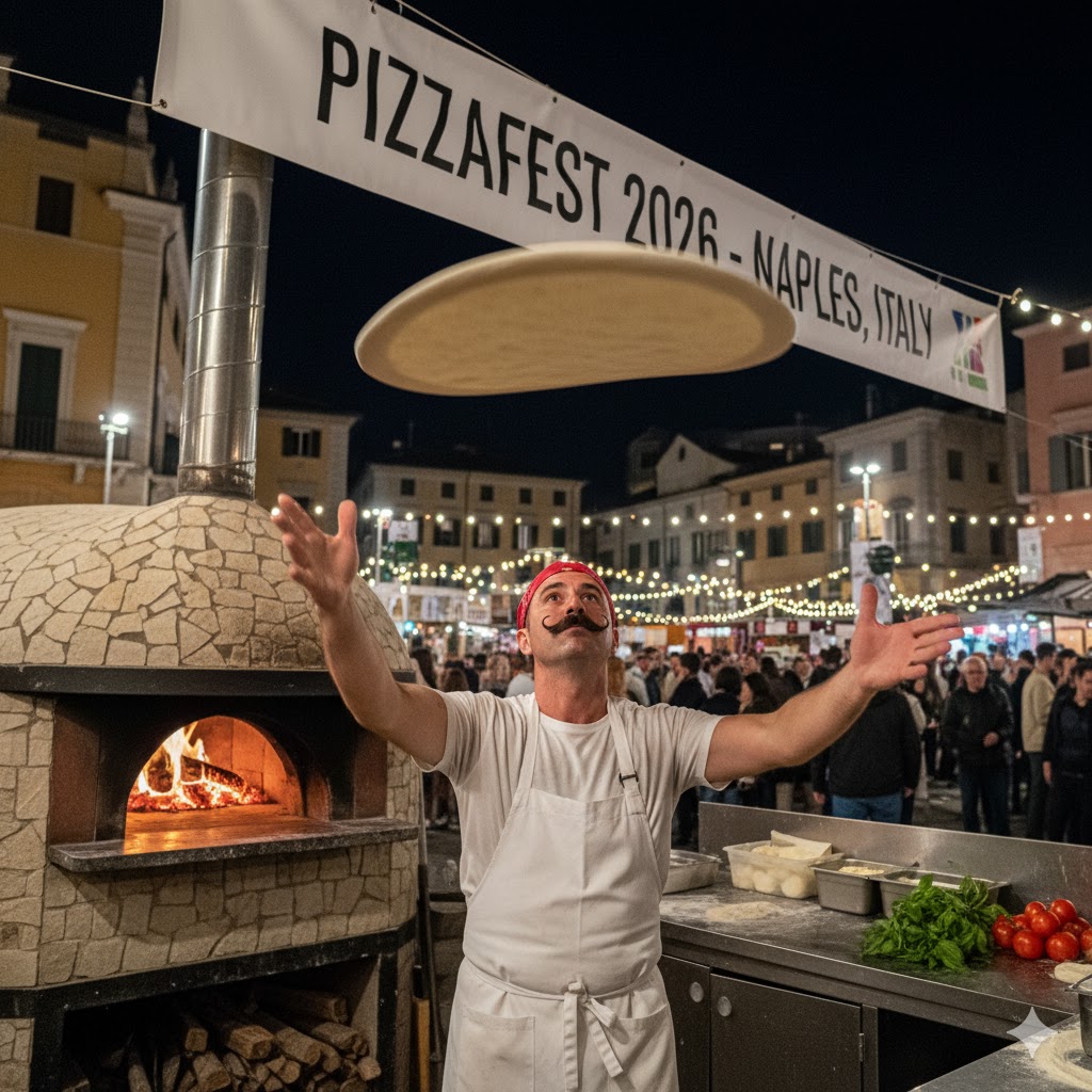 Chef tossing dough beside a wood-fired oven during Pizzafest 2026 Naples Italy.