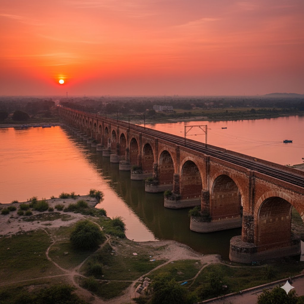 Chenab River bridge near Wazirabad with historic arches at sunset