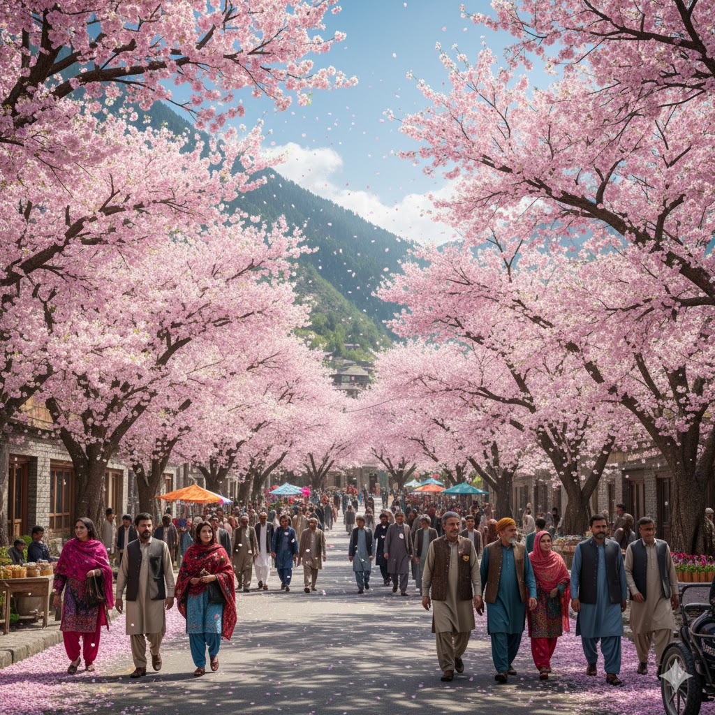 Cherry blossom trees lining streets during Jashn-e-Swat festival celebrations, KPK, Pakistan Cherry blossom trees lining streets during Jashn-e-Swat festival celebrations, KPK, Pakistan