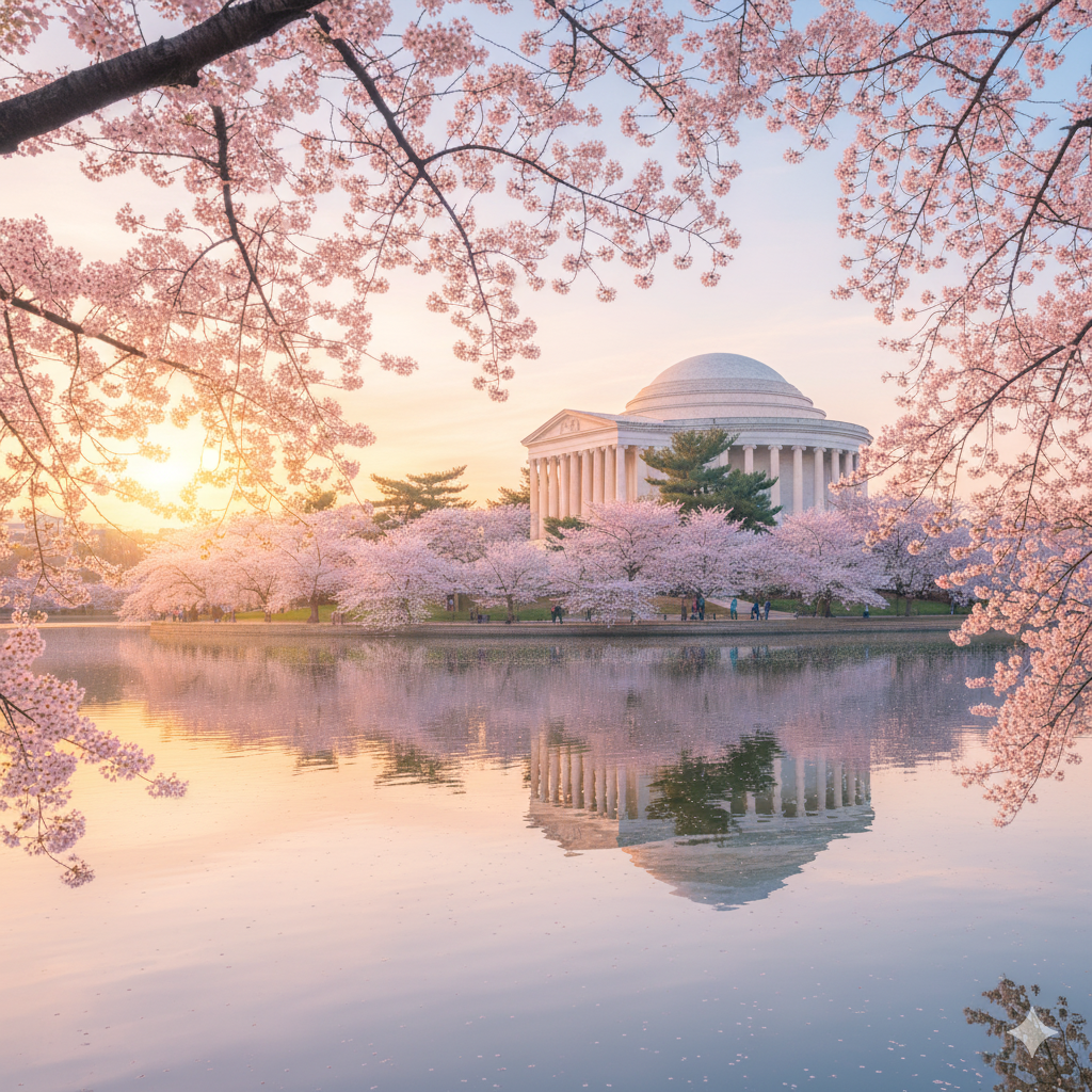 Cherry blossoms blooming around the Jefferson Memorial in Washington D.C