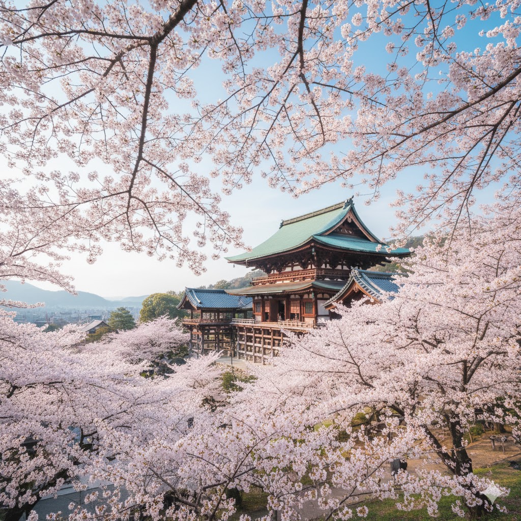 Cherry blossoms framing Kyoto’s Kiyomizu-dera temple in spring, Japan.