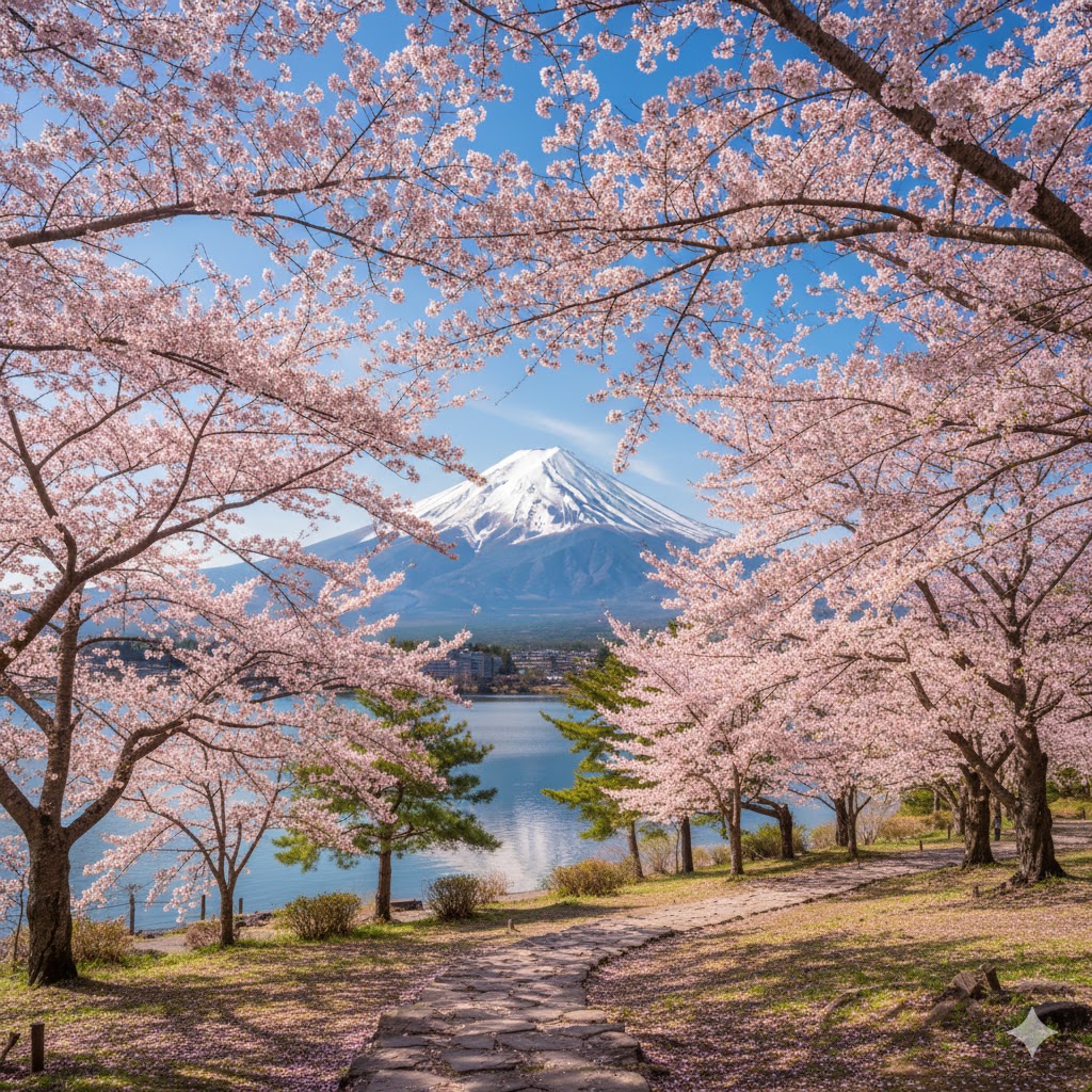 Cherry blossoms framing Mount Fuji under clear spring sky
