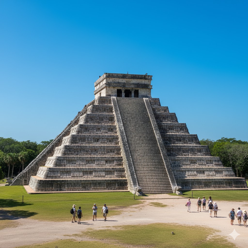 Chichen Itza pyramid under blue sky, Mexico travel.