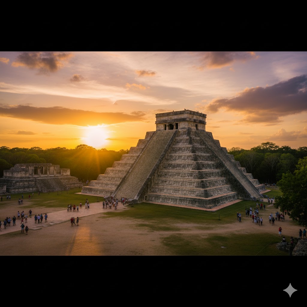 Chichén Itzá pyramid under sunset sky with tourists exploring, Mexico