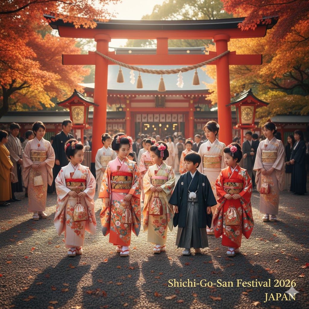Children in kimonos visiting shrine during Shichi-Go-San Festival 2026 in Japan