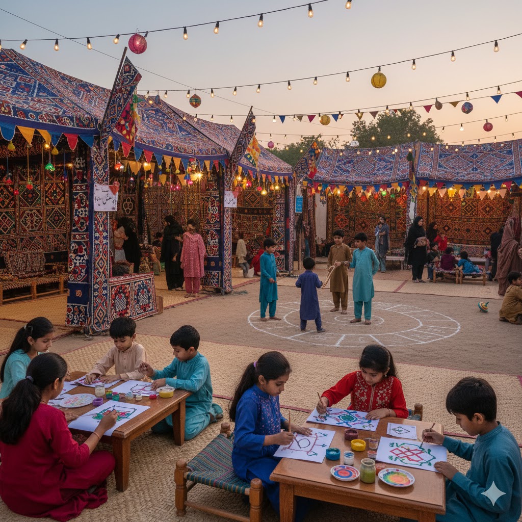 Children painting Ajrak patterns and playing folk games inside the colorful Children’s Village area at Lok Virsa Mela Islamabad 2025. Children painting Ajrak patterns and playing folk games inside the colorful Children’s Village area at Lok Virsa Mela Islamabad 2025.