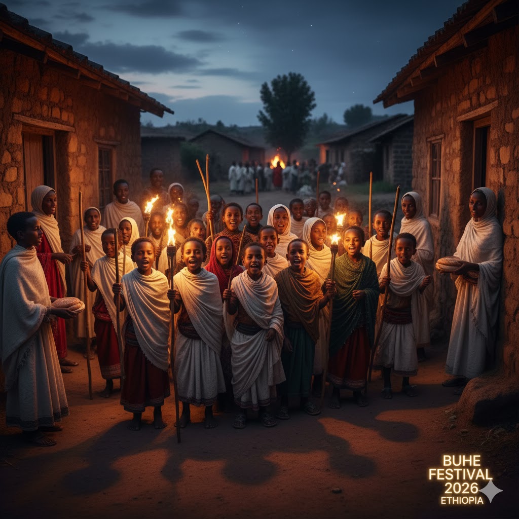 Children singing and celebrating Buhe Festival 2026 in Ethiopia