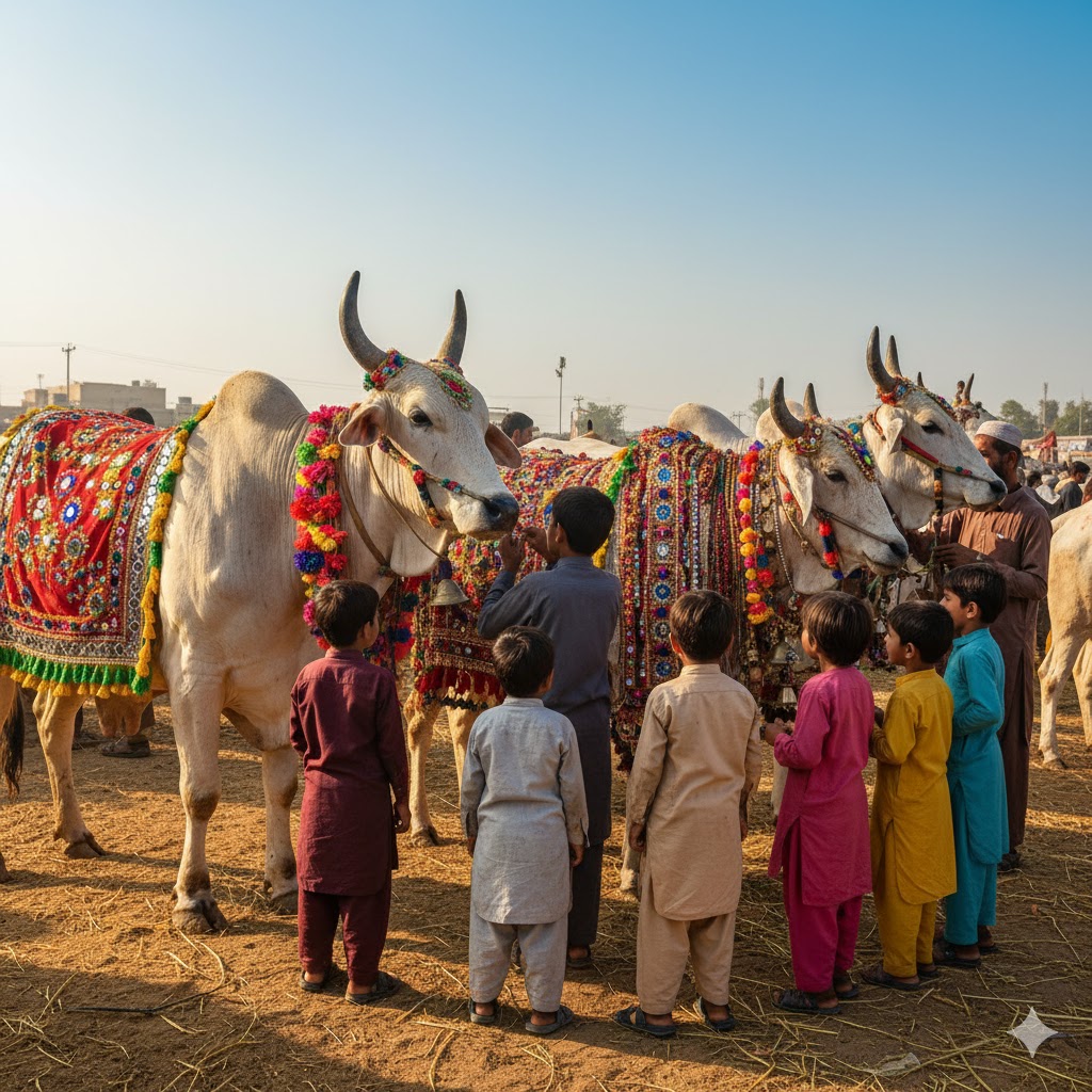 Children watching cattle being decorated for Eid al-Adha sacrifice
