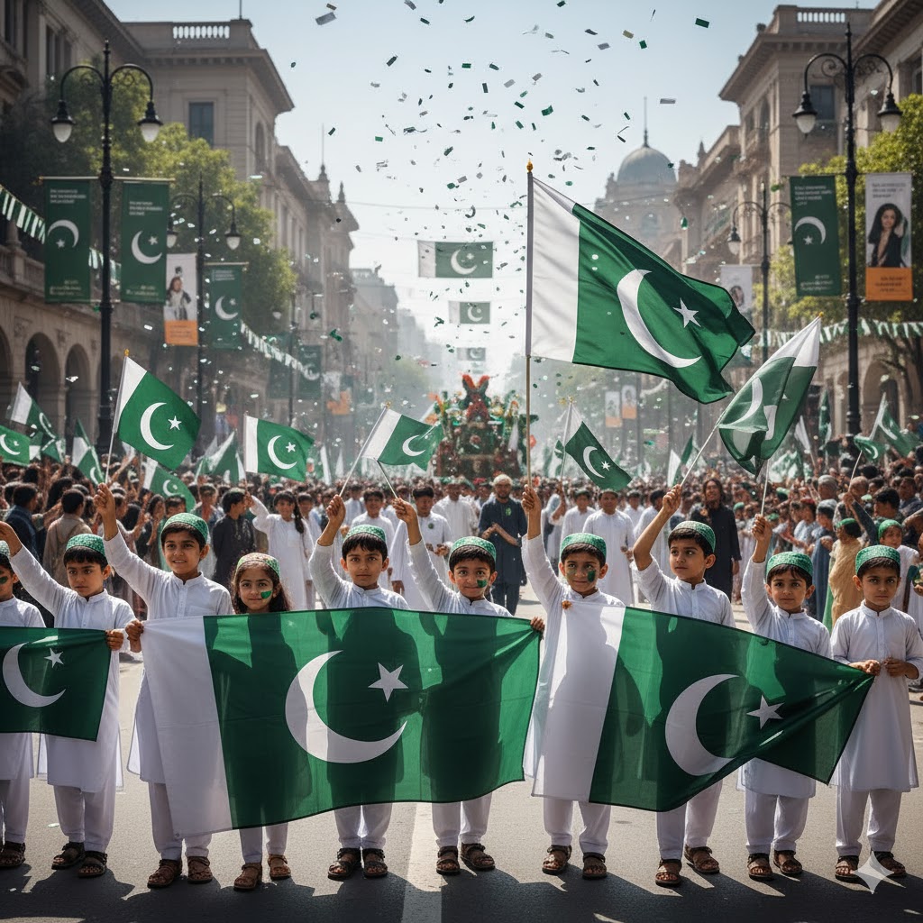 Children waving flags during Pakistan Independence Day parade