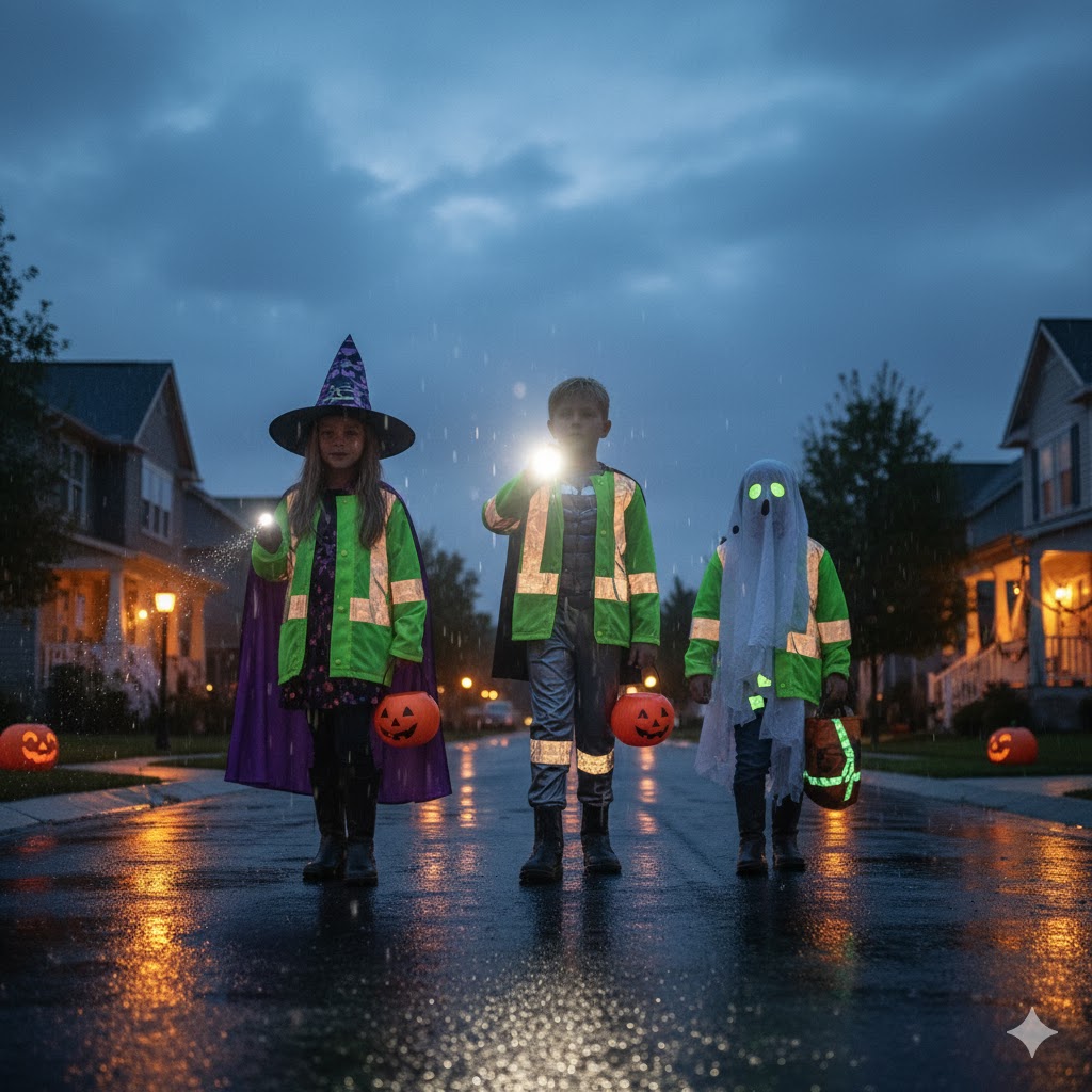 Children wearing reflective jackets and carrying flashlights for safe trick-or-treating.