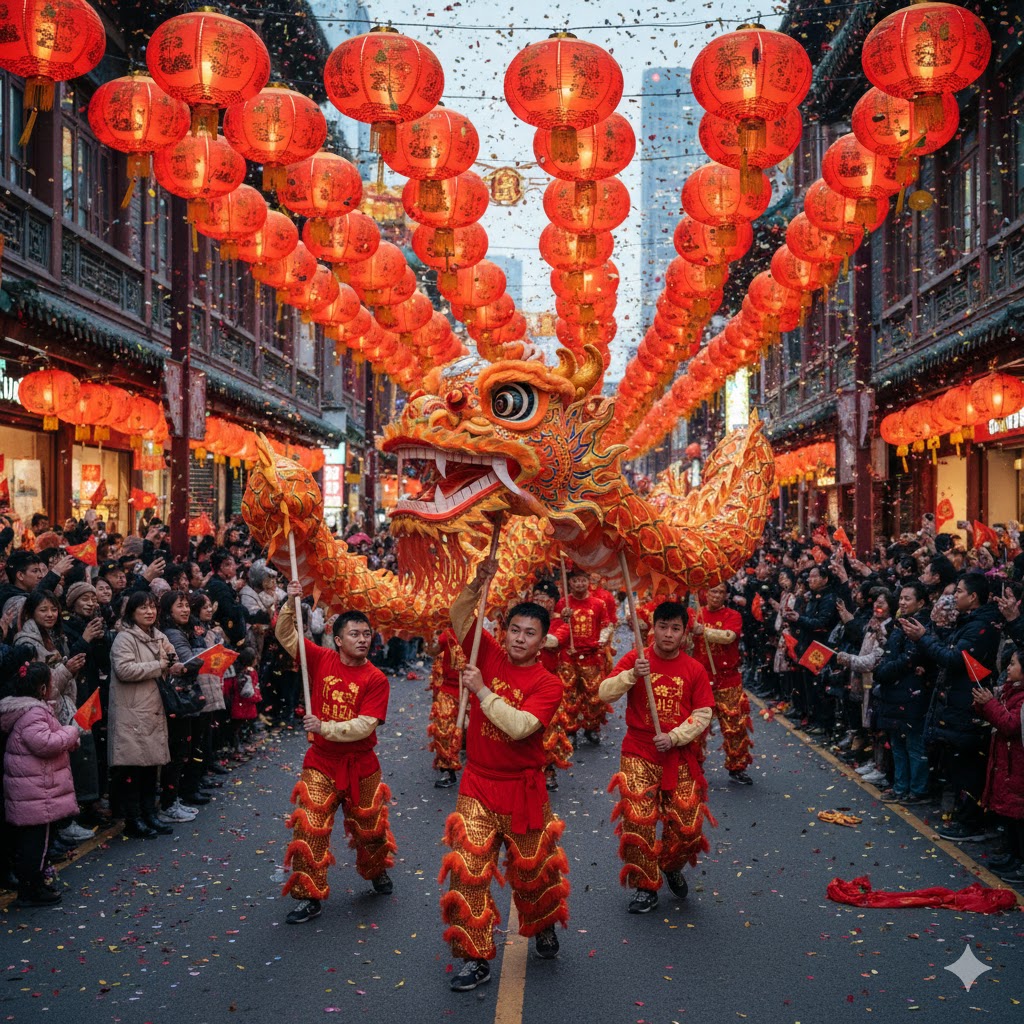 Chinese dragon dance with red lanterns and crowds celebrating Lunar New Year 2026