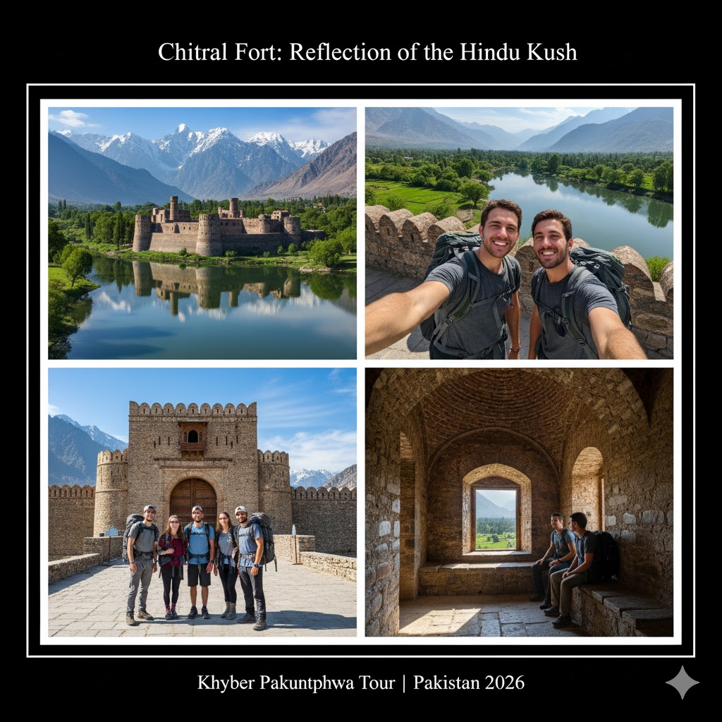 Chitral Fort mirrored in the calm waters of Chitral River on a spring morning