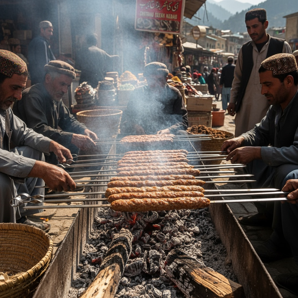 Chitrali seekh kebabs grilling over cedar wood coals with local vendors.