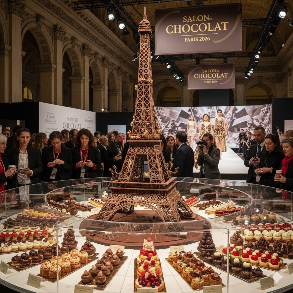 Chocolate desserts and sculpture displays at Salon du Chocolat 2026 Paris.