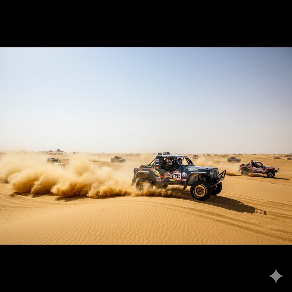 Cholistan Jeep Rally cars racing across golden dunes under bright desert sun near Bahawalpur.  Cholistan Jeep Rally cars racing across golden dunes under bright desert sun near Bahawalpur.