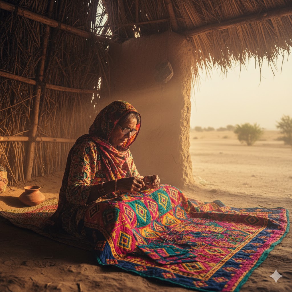 Cholistan artisan hand-stitching vibrant rilli quilt under traditional thatched hut near Yazman village. Cholistan artisan hand-stitching vibrant rilli quilt under traditional thatched hut near Yazman village.