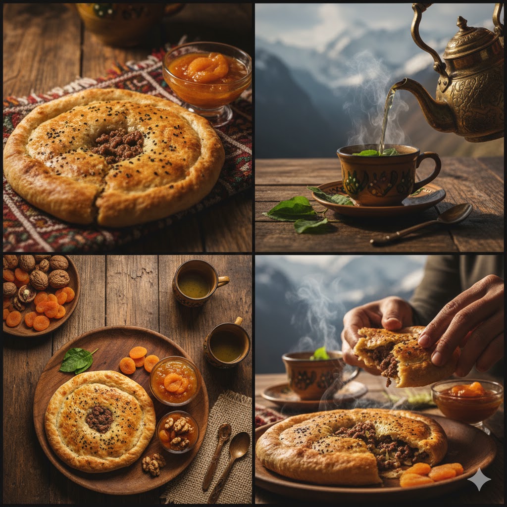 Cinematic Baltistani chapshuro meat pie served with apricot chutney and green tea