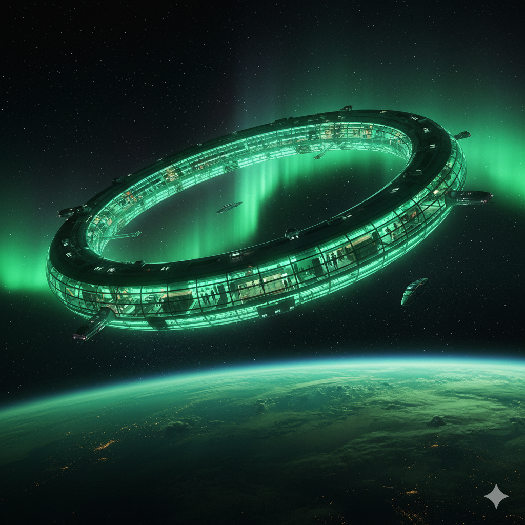Circular halo-shaped space hotel in Earth's orbit, glowing green with auroras visible below