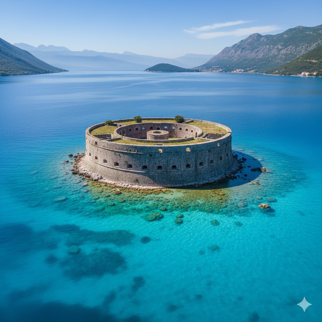 Circular stone fortress on Mamula Island surrounded by turquoise Adriatic waters. 