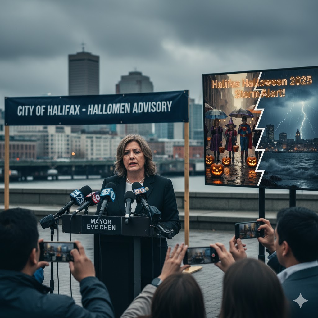 City official speaking to press about rescheduling Halloween due to storm warnings.