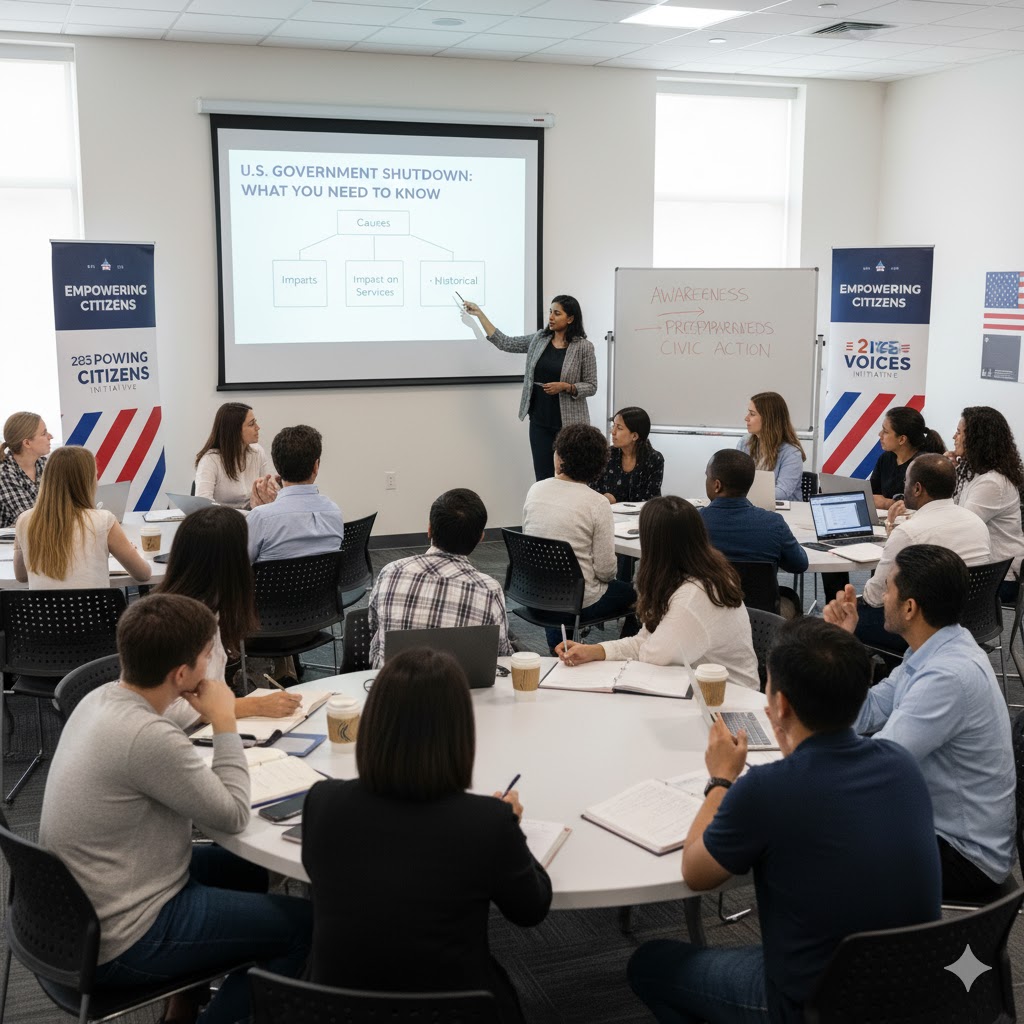 Civic education workshop discussing U.S. government shutdown awareness