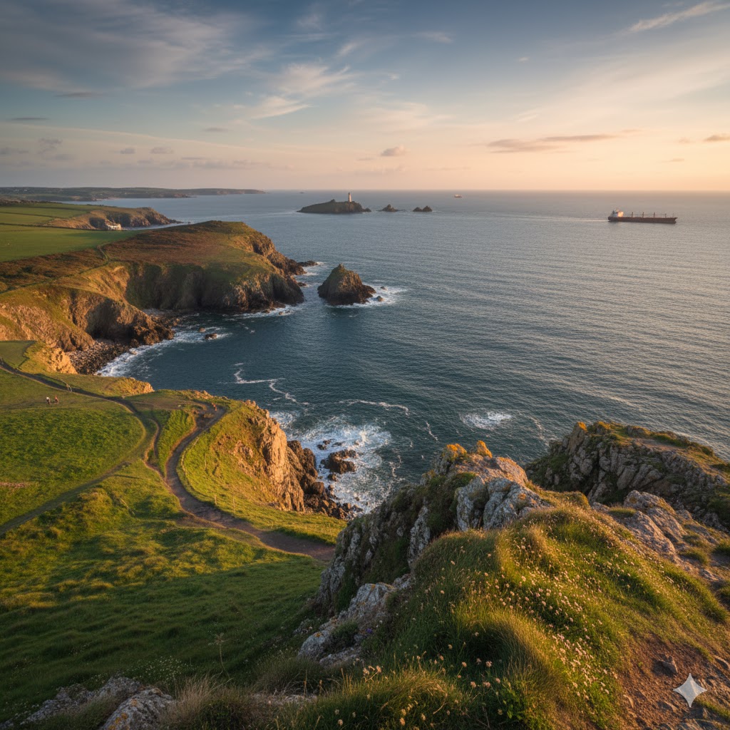 Clifftop view of Guernsey’s rugged coastline and blue sea