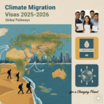 Climate Migration Visas 2025–2026 digital thumbnail showing refugees and global relocation map
