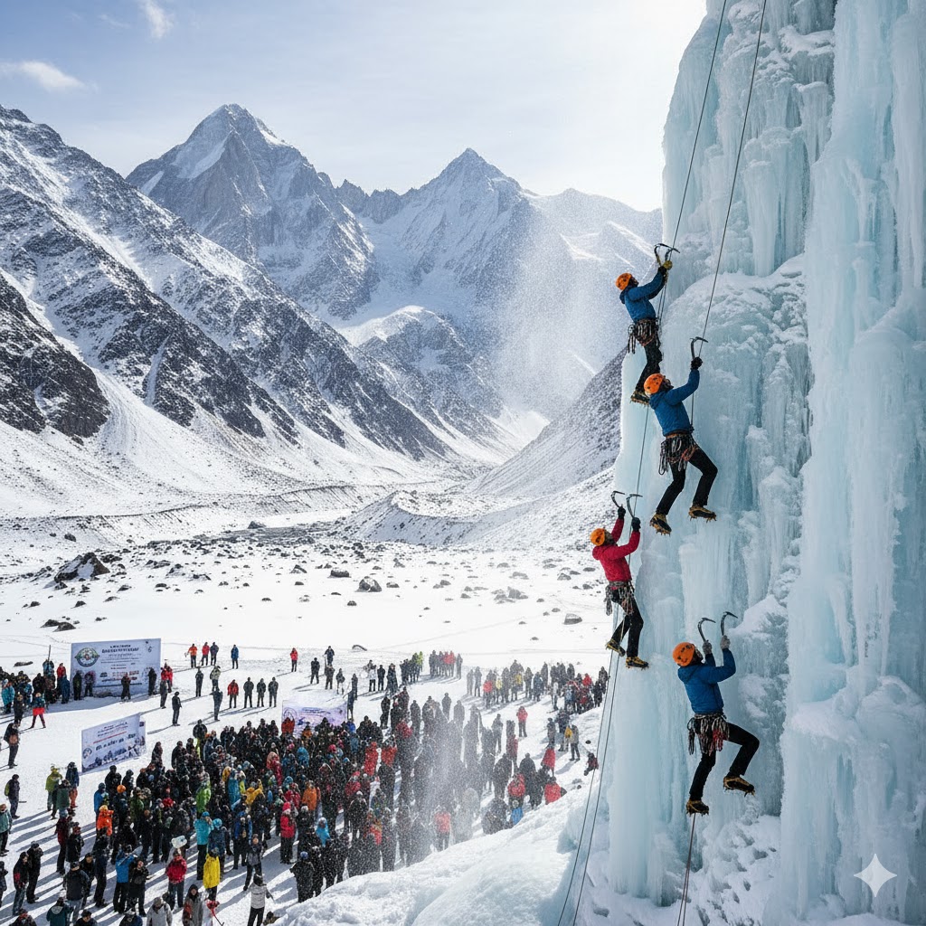 Climbers scaling frozen waterfalls during Skardu Ice Climbing Championship in Hushay Valley, surrounded by snow-covered Karakoram peaks.