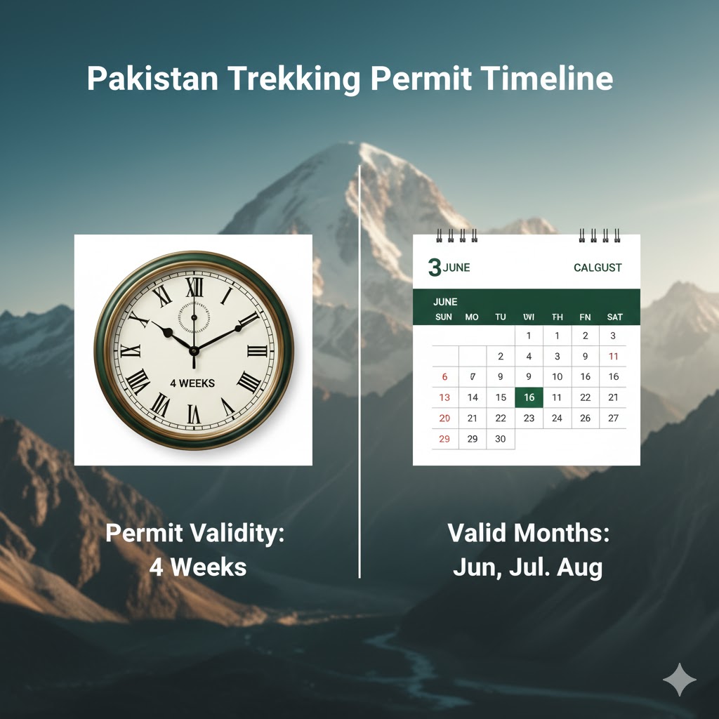 Clock and calendar showing Pakistan trekking permit validity timeline