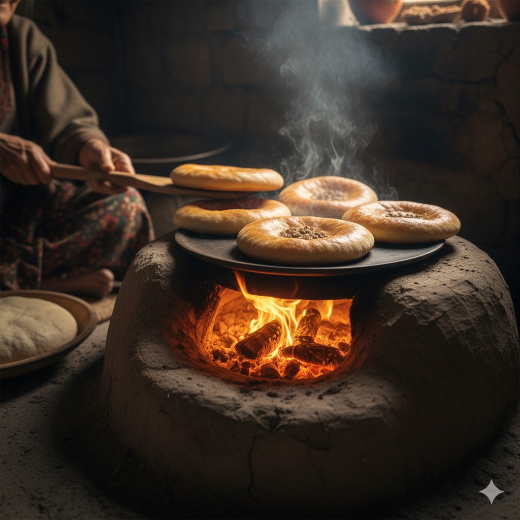 Close-up of Chapshuro bread being baked on traditional clay oven in Gilgit-Baltistan