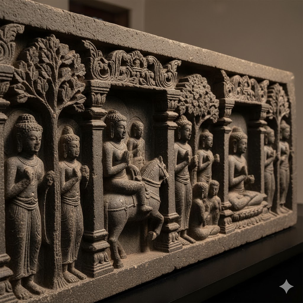 Close-up of Gandhara relief panel showing the life of Buddha carved in stone