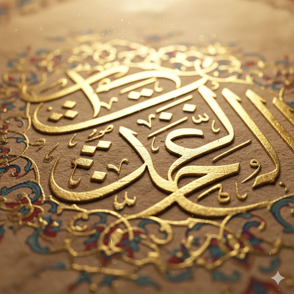 Close-up of Sufi calligraphy with gold illumination depicting divine verses on parchment Close-up of Sufi calligraphy with gold illumination depicting divine verses on parchment