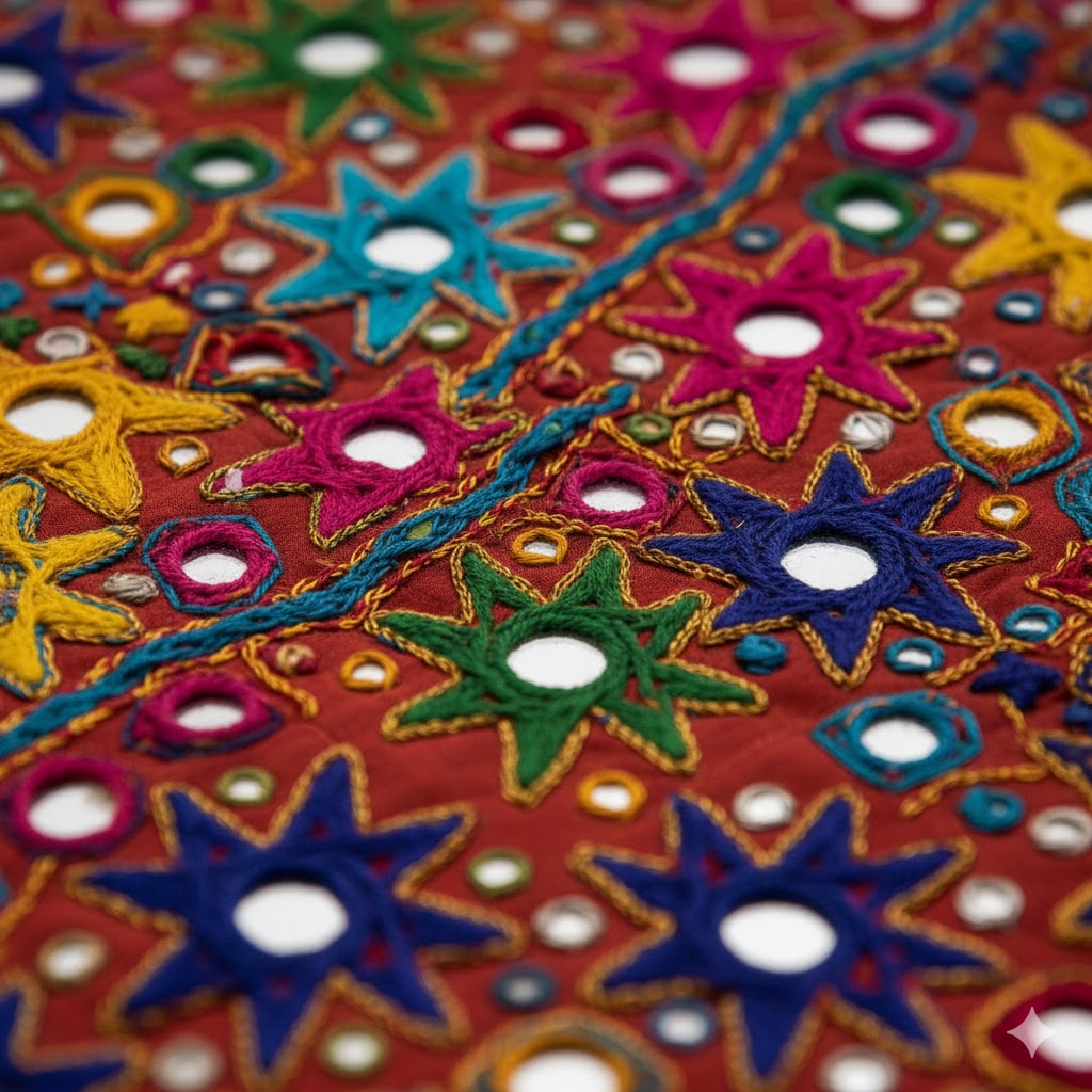 Close-up of colorful mirror embroidery on Cholistani textile handmade by local women.