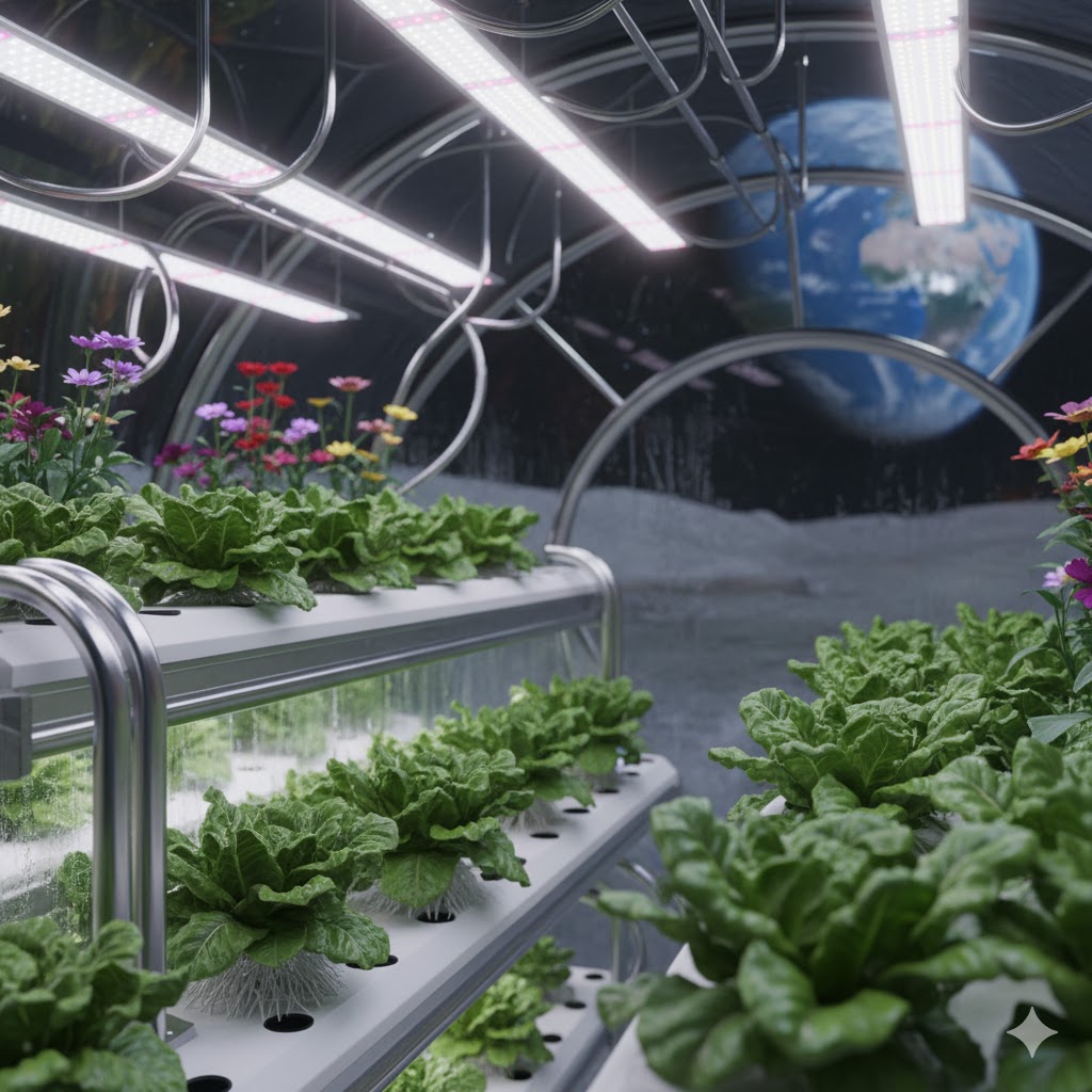 Close-up of lettuce and flowers growing in a pressurized lunar biosphere greenhouse