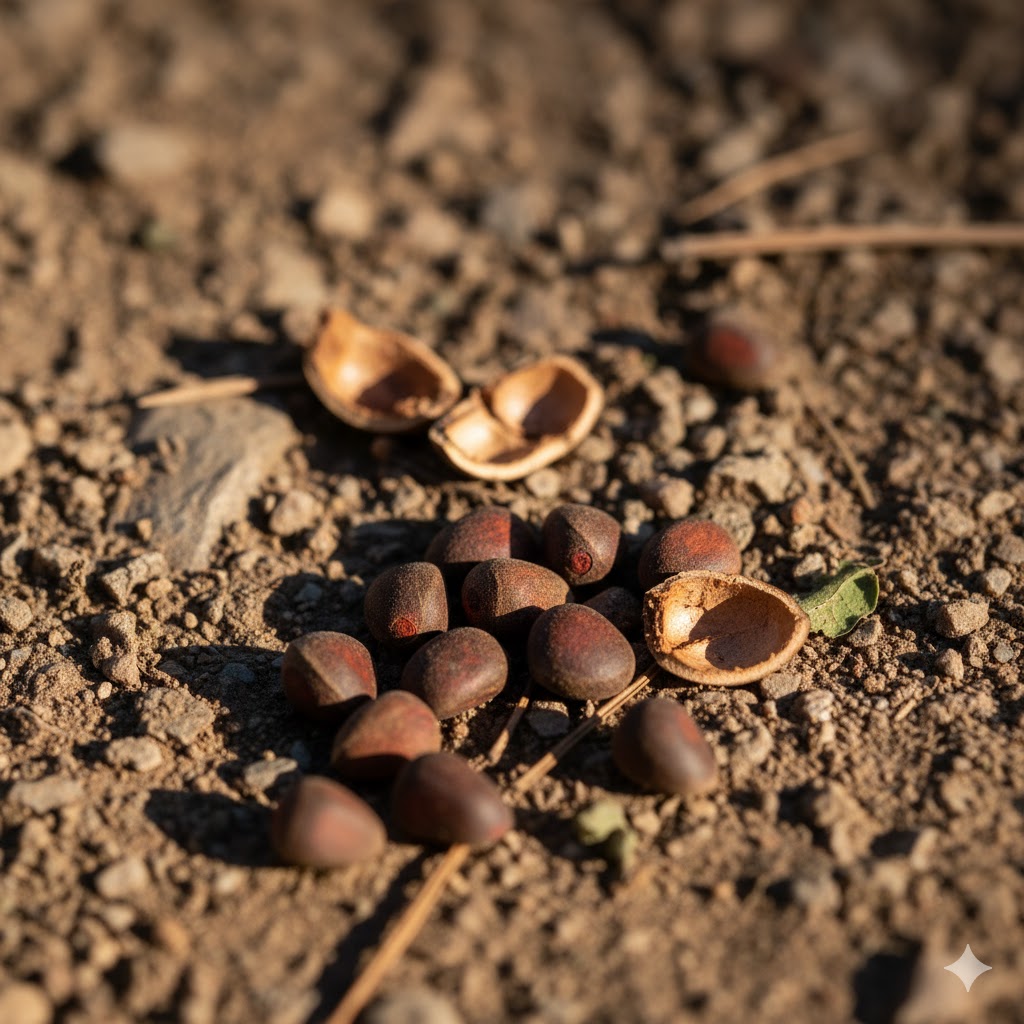 Close-up of pine nuts and empty shells scattered along the trekking route to Minimarg
