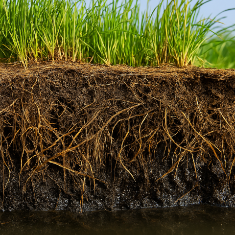Close-up of roots and peat under a floating mat floating-vegetation-island-roots-peat-buoyant-mat