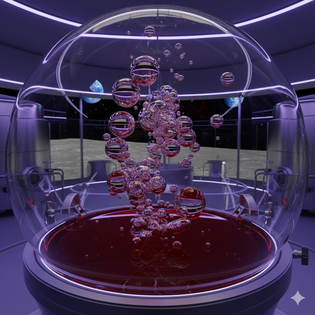 Close-up of wine bubbles forming slowly in zero gravity inside Moon winery dome 