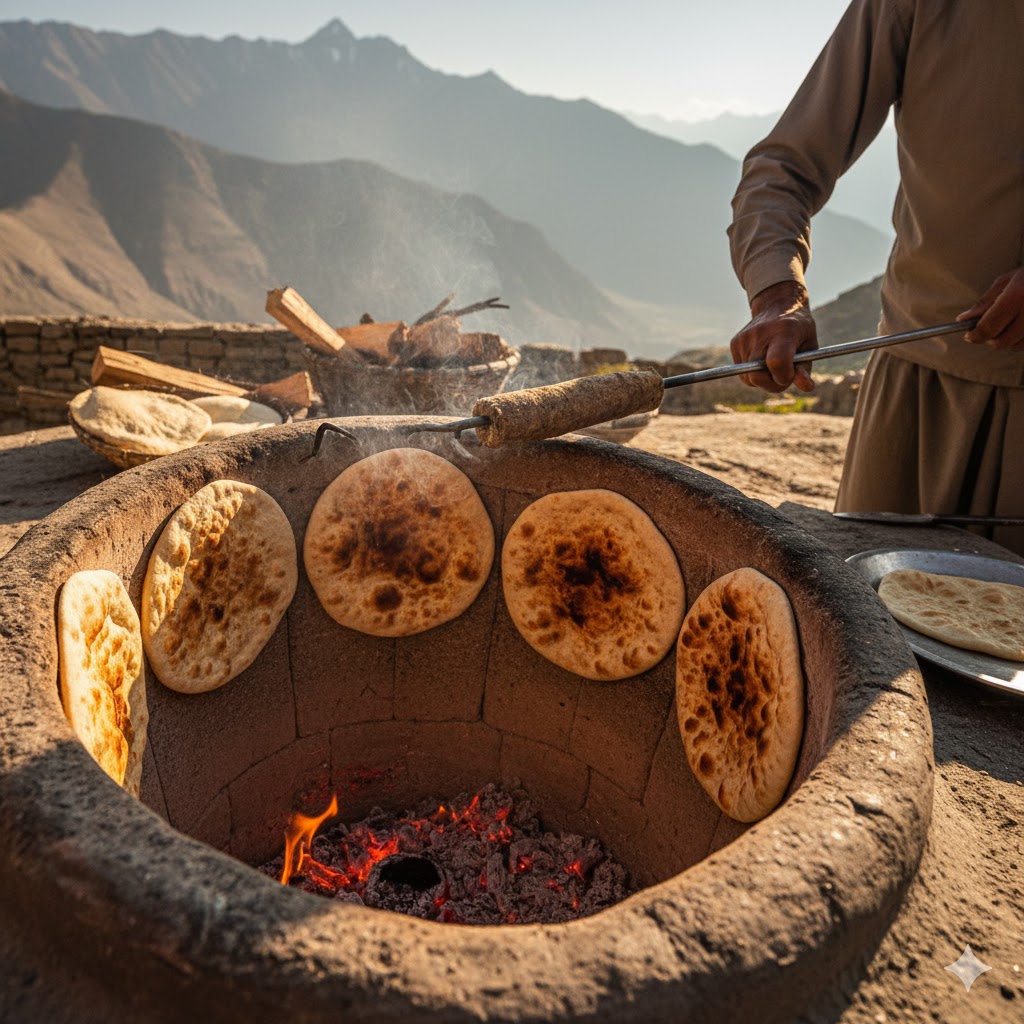 Close-up of wood-fired bread baking in traditional tandoor in Gilgit region