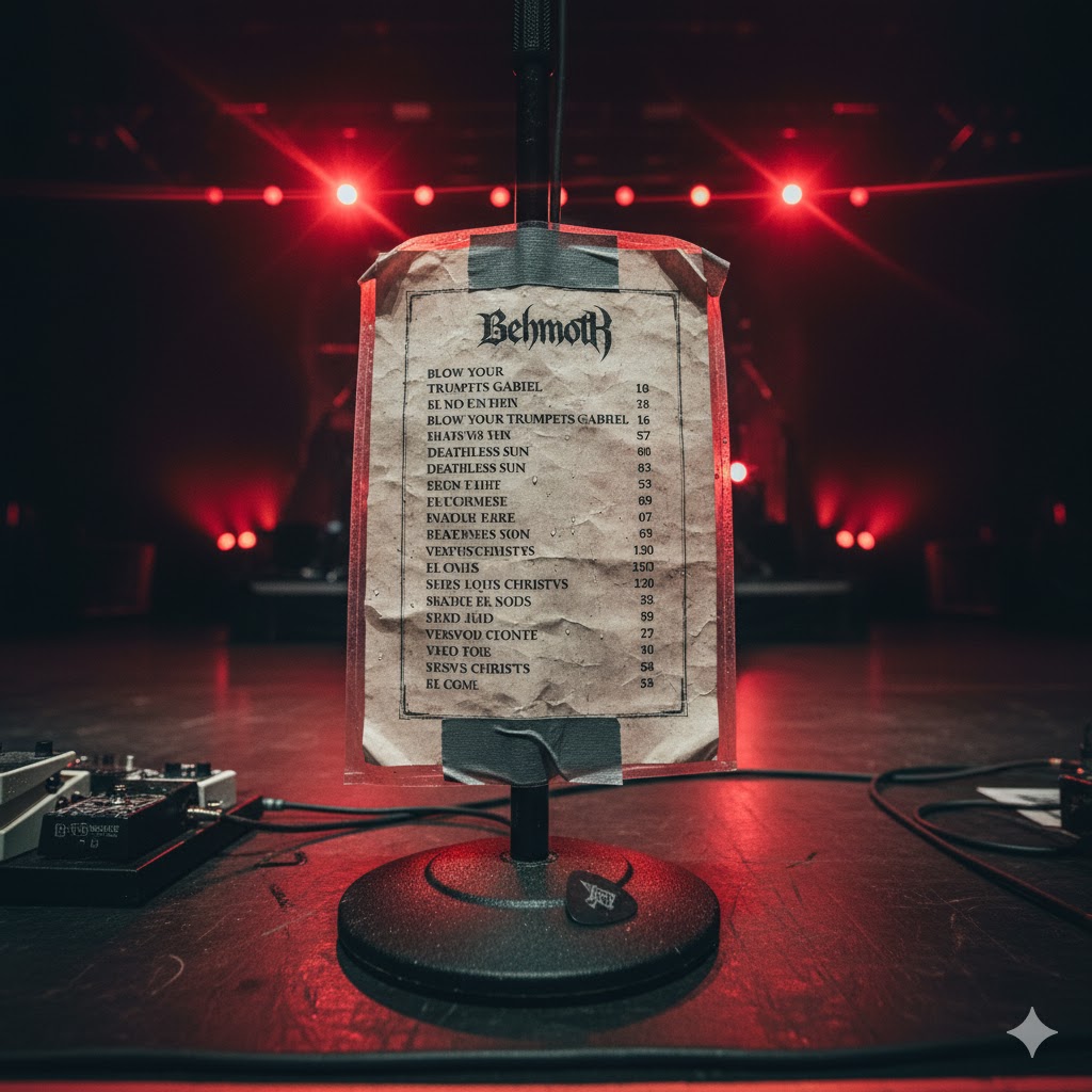 Close-up photo of a Behemoth setlist on a microphone stand.