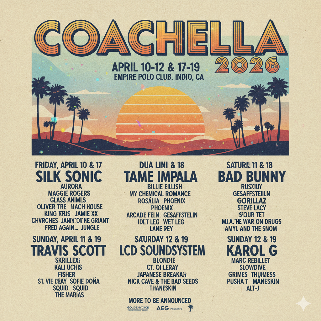 Coachella 2026 lineup featuring pop, rock, indie, EDM, and Latin artists