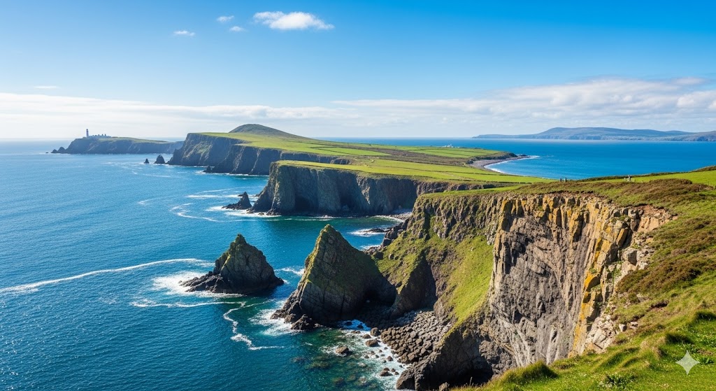 Coastal view of the Isle of Man with rugged cliffs and blue waters