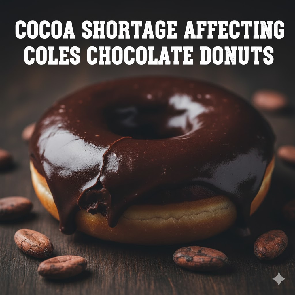 Cocoa beans and chocolate glaze close-up — “Cocoa shortage affecting Coles chocolate donuts