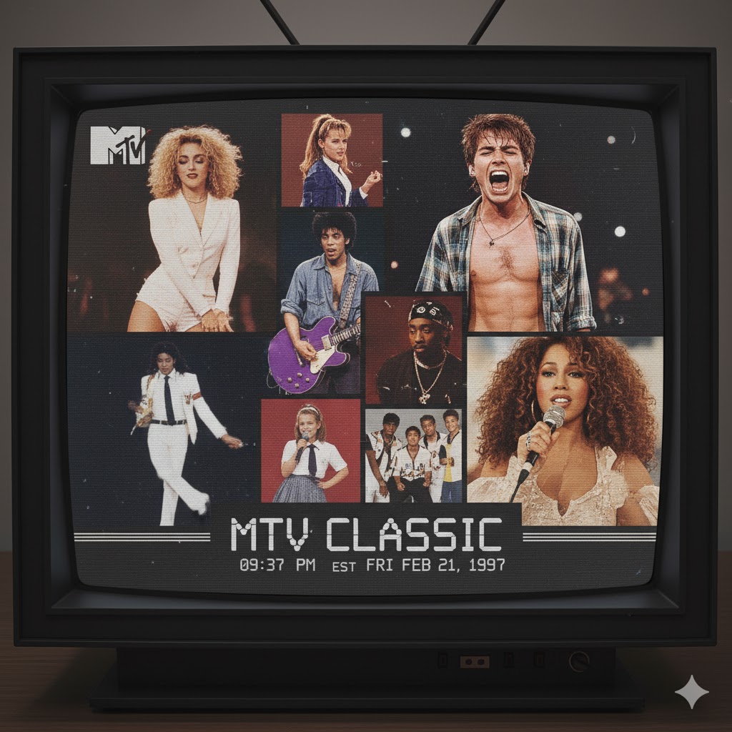 Collage of 80s and 90s music icons appearing on old MTV Classic broadcast
