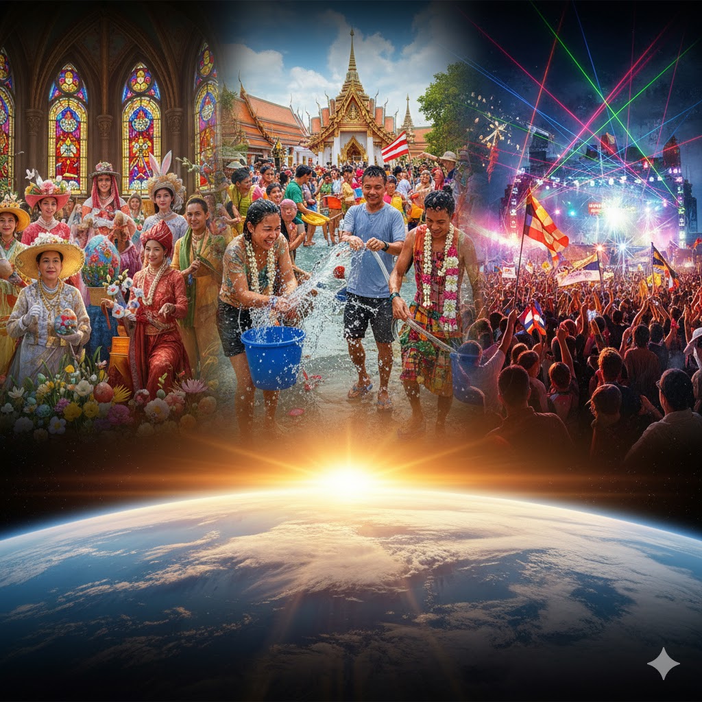 Collage of Easter, Songkran, and Glastonbury festival moments blending into sunrise over Earth