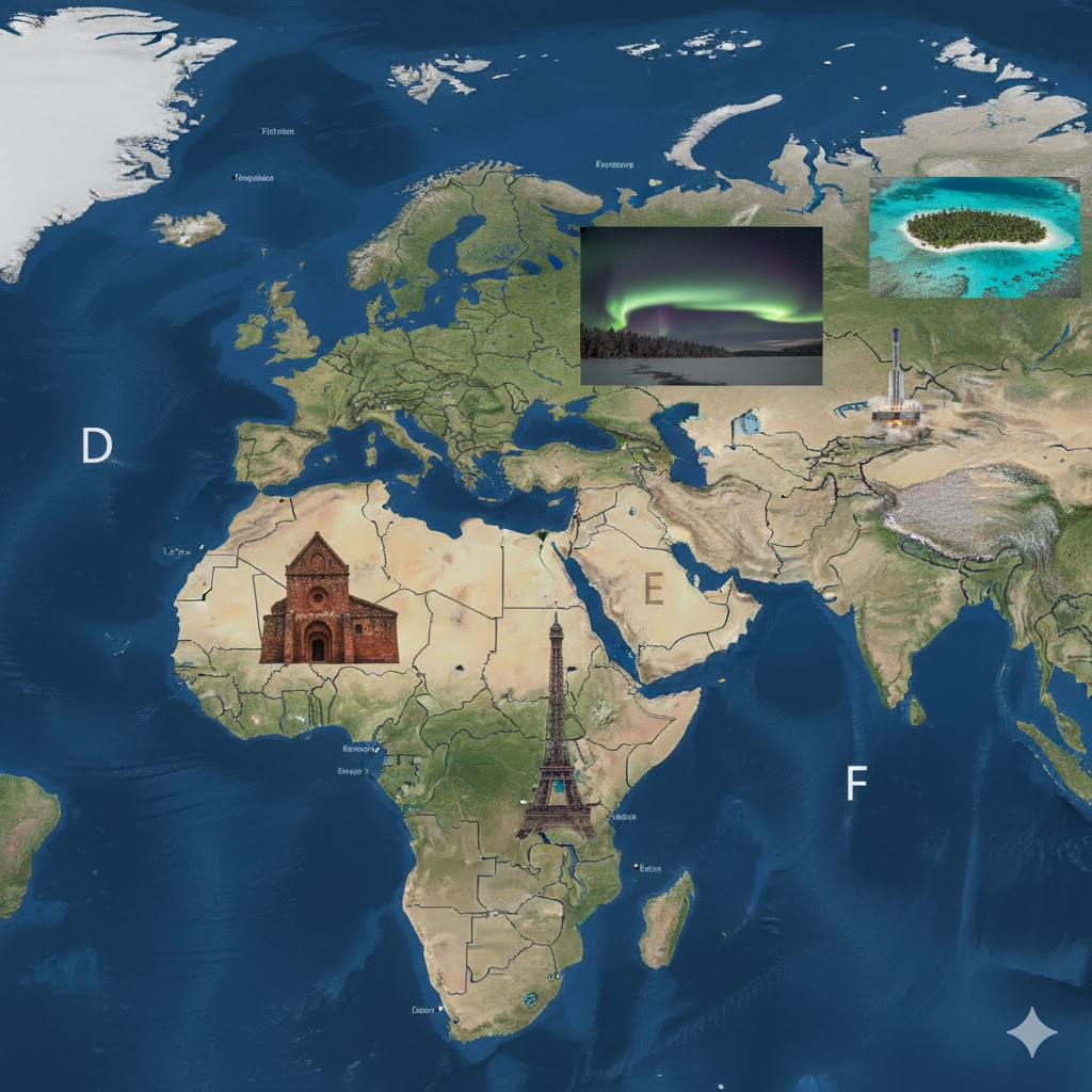Collage of Eiffel Tower, Fiji lagoon, and Nordic fjords symbolizing D–F countries